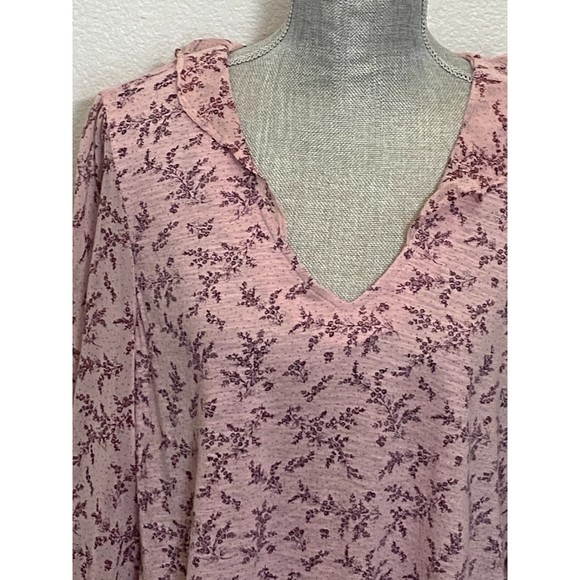 Lucky Brand pink floral Peasant Boho Mixed media V neck  ruffle blouse top SZ L - Picture 4 of 13